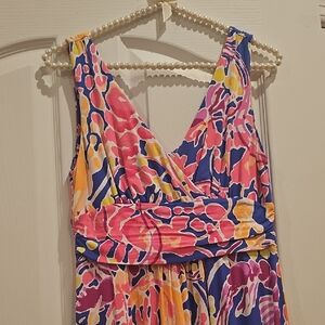 Pink and Blue Asymmetrical Dress with V-Neckline